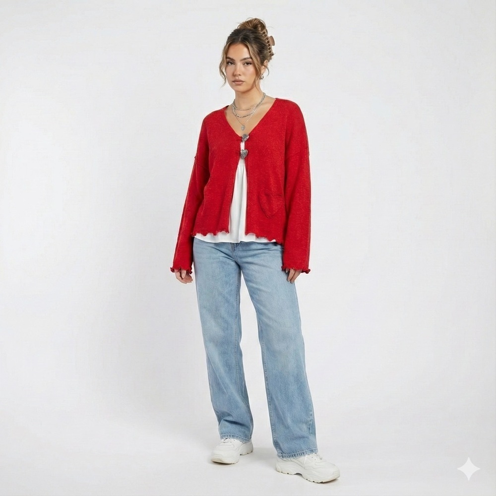Coldwater Creek Valentine Red Cardigan Heart Button Cotton Knit L XL